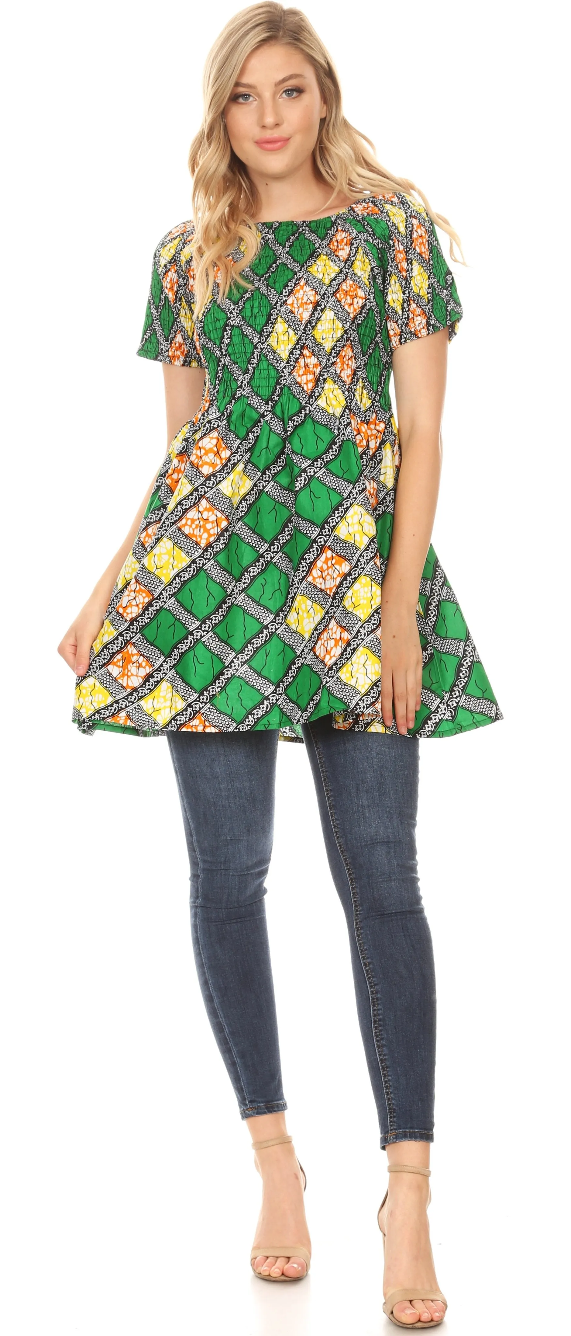 Sakkas Ife Wax African Ankara Colorful Cocktail Short Dress Off-shoulder w/pockets