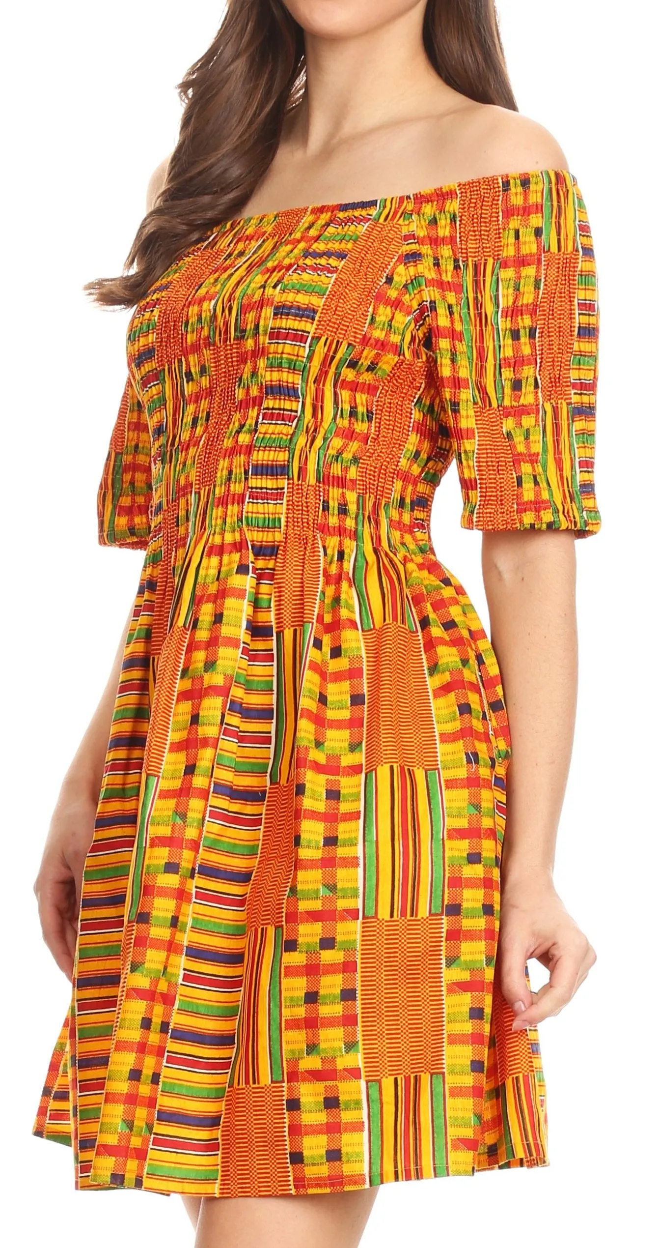 Sakkas Ife Wax African Ankara Colorful Cocktail Short Dress Off-shoulder w/pockets