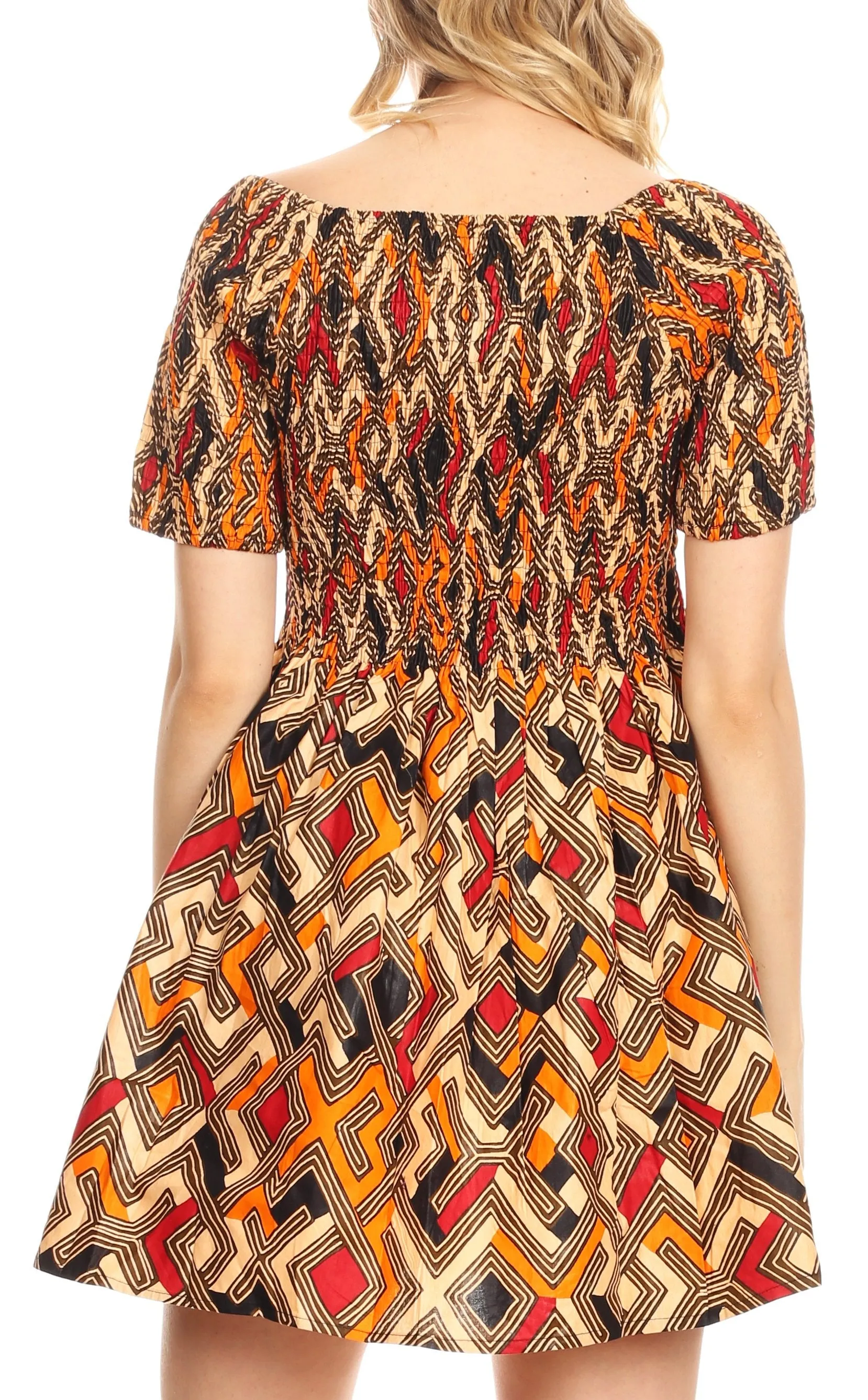 Sakkas Ife Wax African Ankara Colorful Cocktail Short Dress Off-shoulder w/pockets