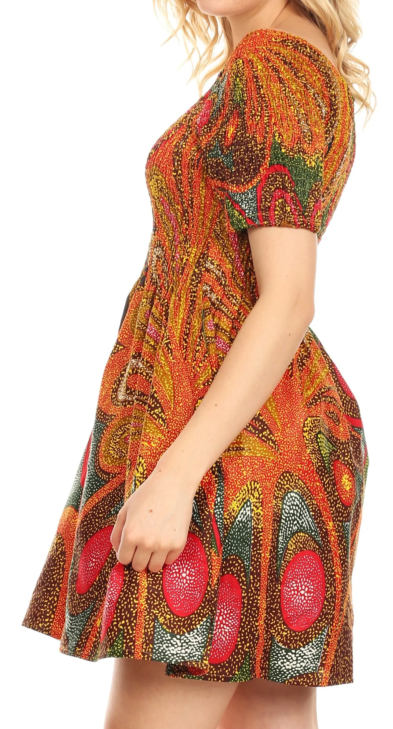 Sakkas Ife Wax African Ankara Colorful Cocktail Short Dress Off-shoulder w/pockets