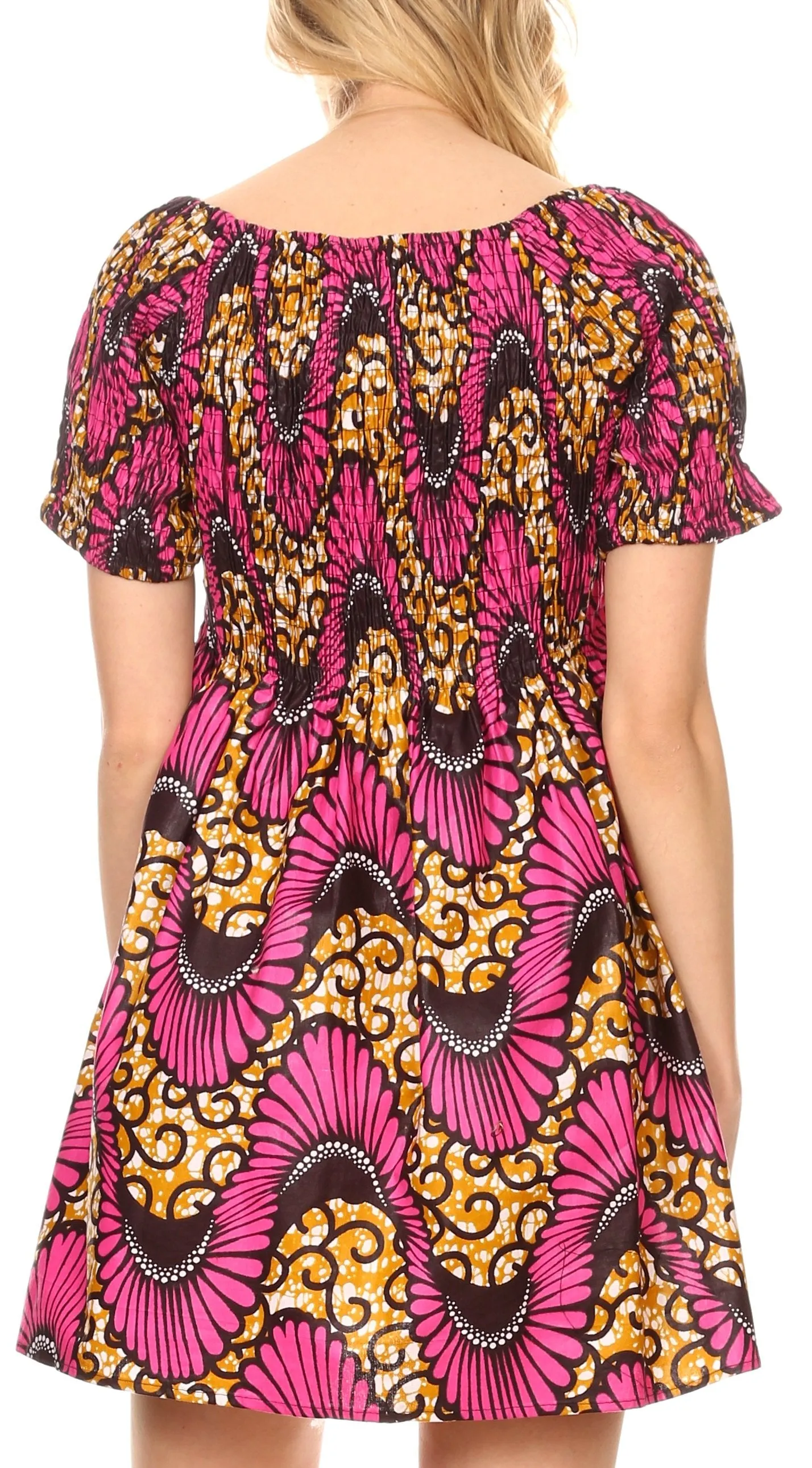 Sakkas Ife Wax African Ankara Colorful Cocktail Short Dress Off-shoulder w/pockets