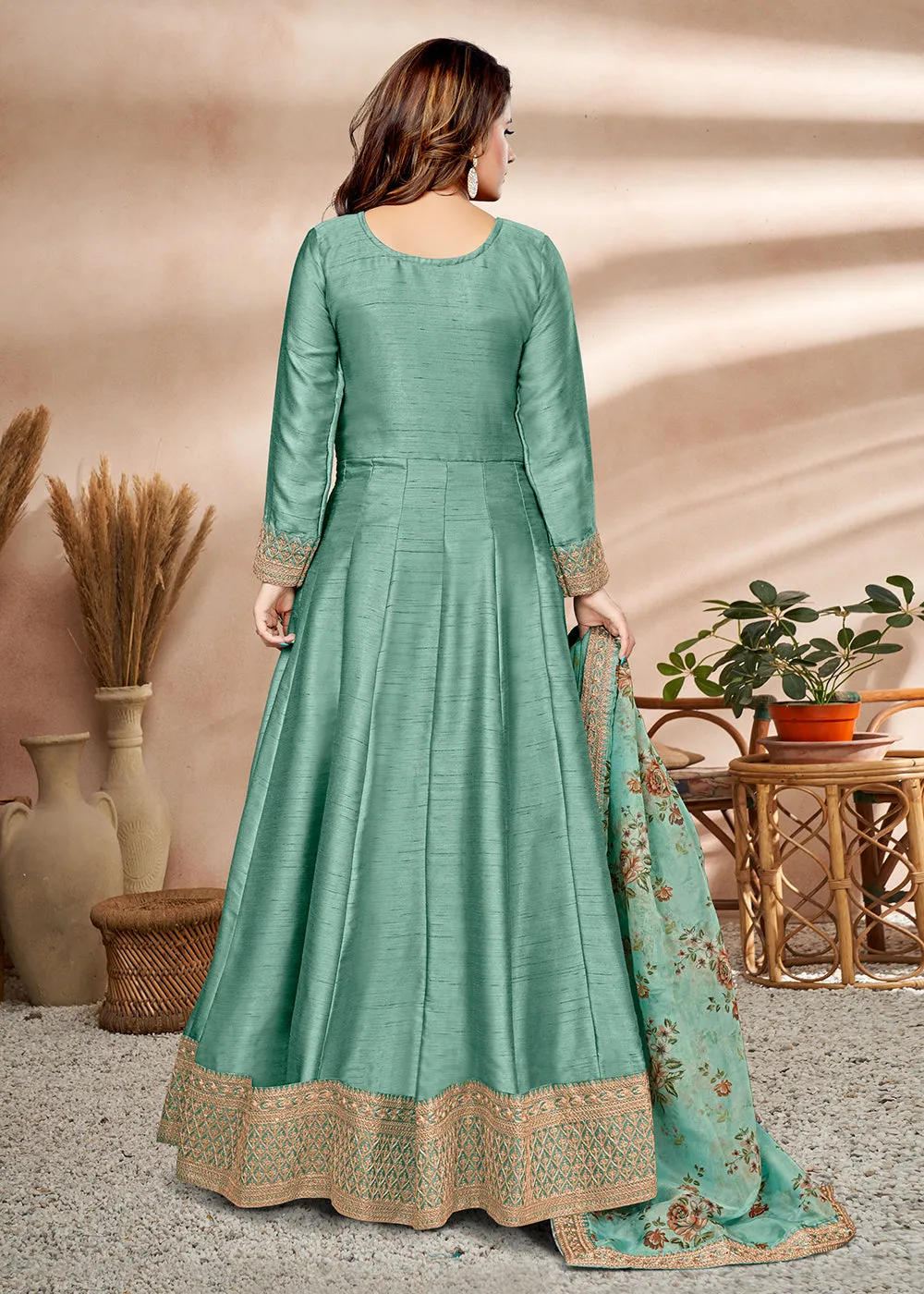 Sea Green Art Silk Embellished Wedding & Party Wear Anarkali