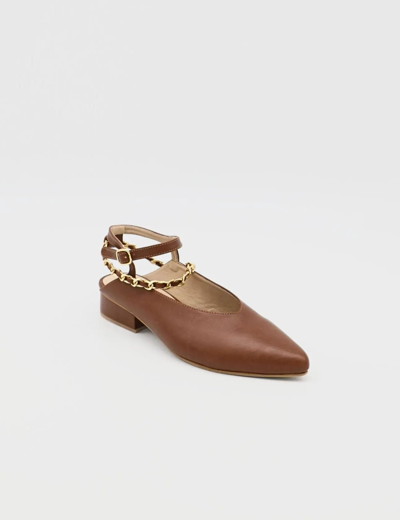 Selene gold chain slip on mule in tan leather