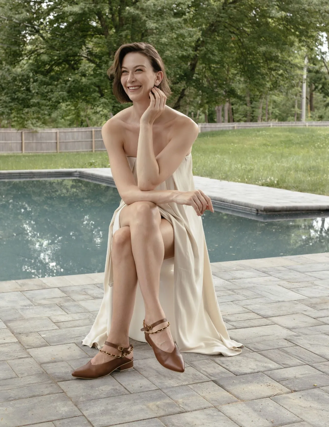 Selene gold chain slip on mule in tan leather