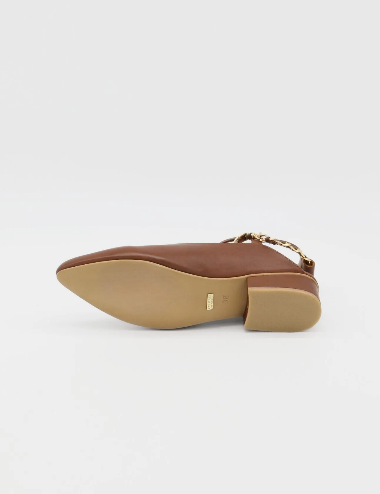 Selene gold chain slip on mule in tan leather