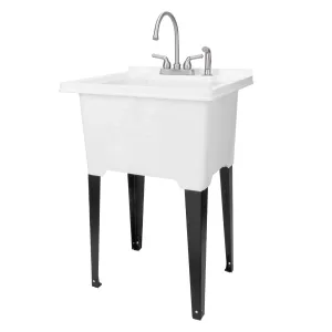 Tehila Luxe Freestanding White Utility Sink with Stainless Steel Finish Gooseneck Faucet