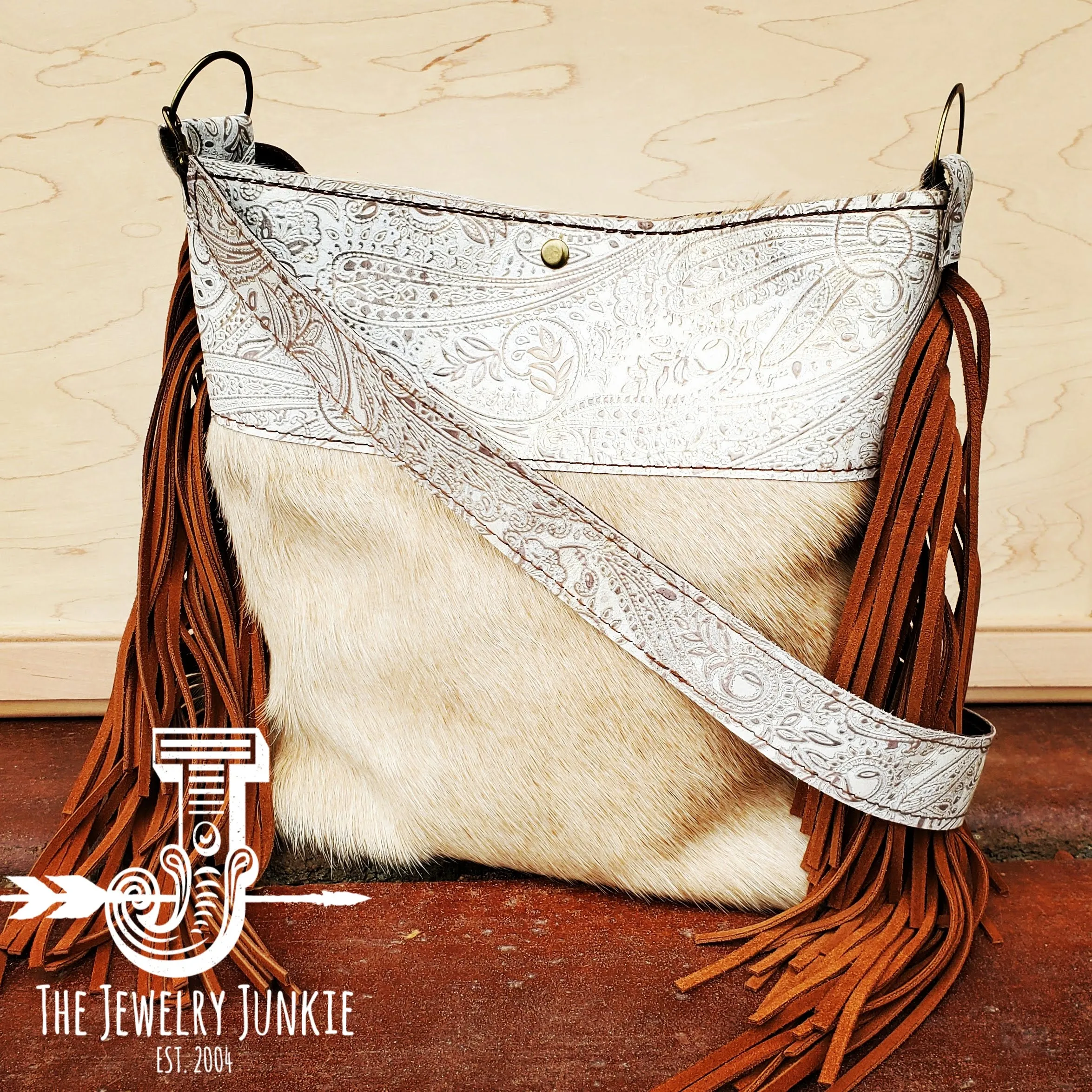 **Tejas Leather Bucket Hide Handbag with Oyster Paisley Accent 505k