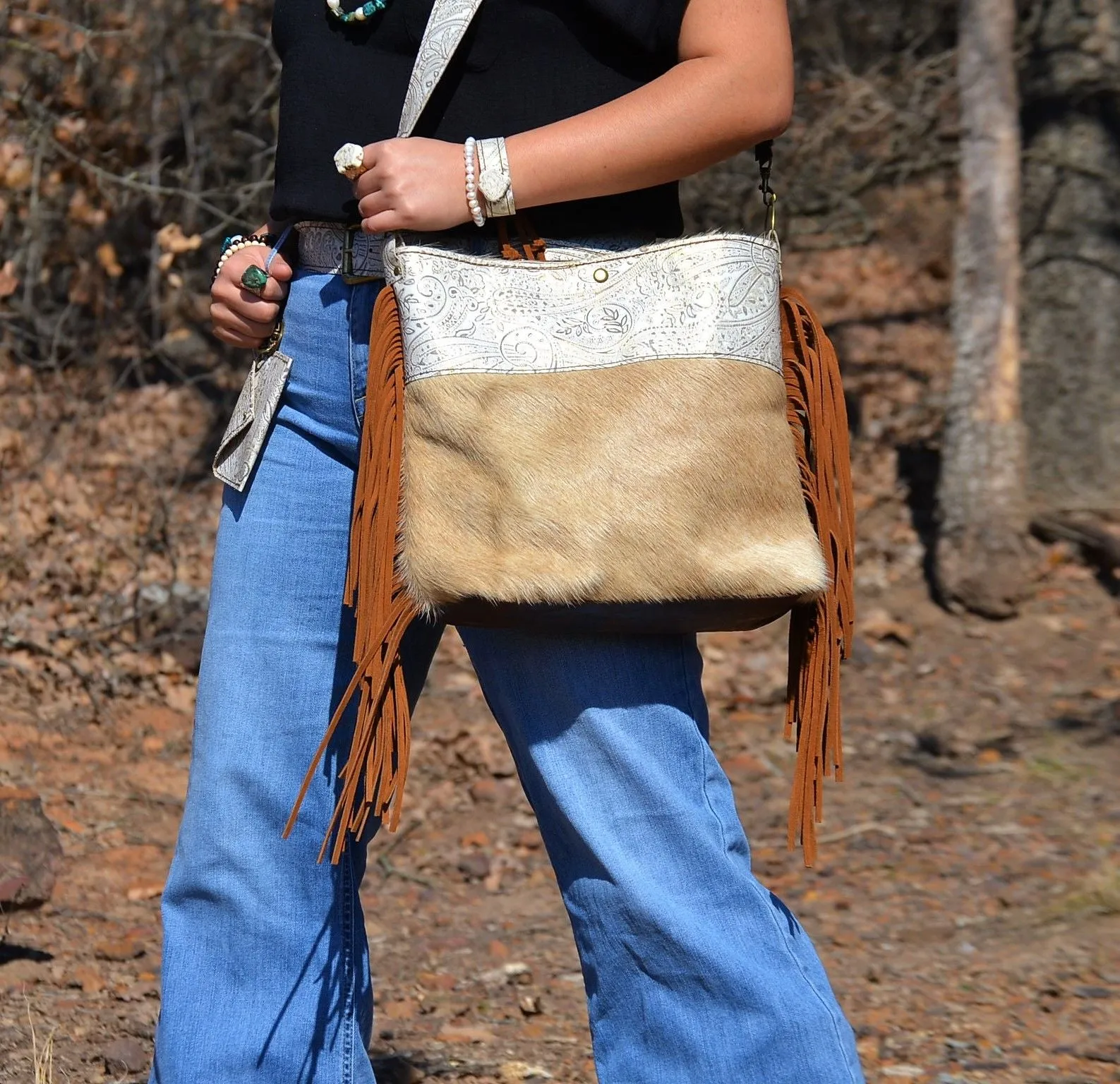 **Tejas Leather Bucket Hide Handbag with Oyster Paisley Accent 505k