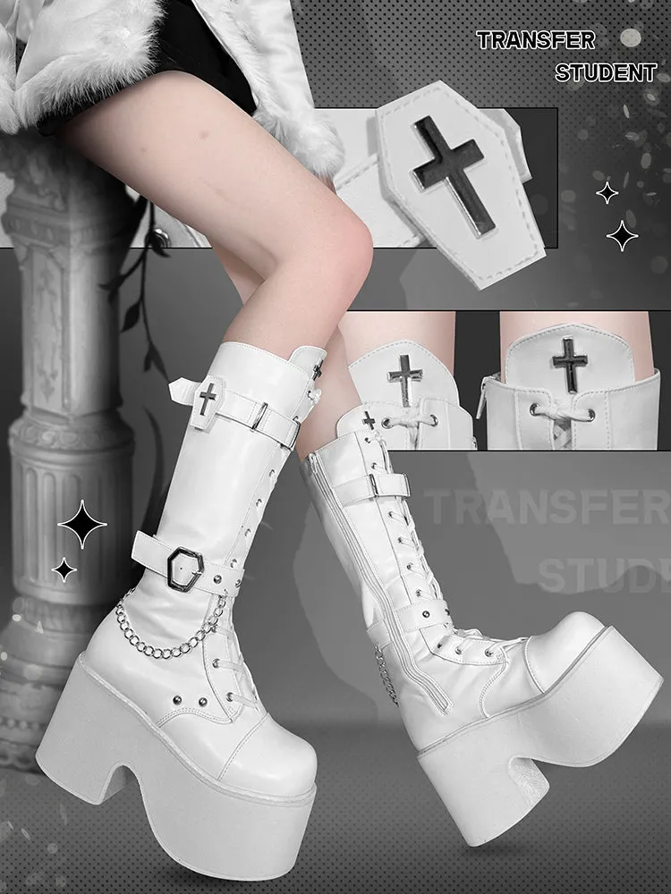 Transfer Student Vampire Shackles Cross Black White Tall Boots Shoes