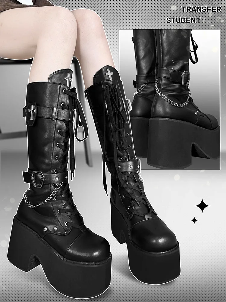 Transfer Student Vampire Shackles Cross Black White Tall Boots Shoes