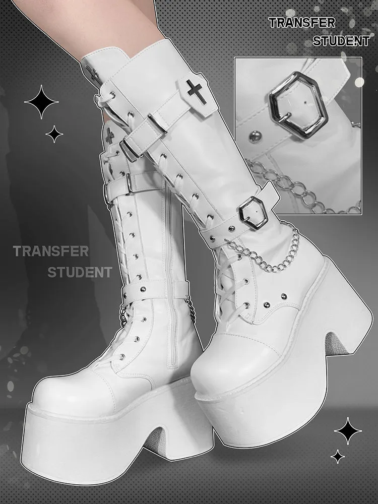 Transfer Student Vampire Shackles Cross Black White Tall Boots Shoes