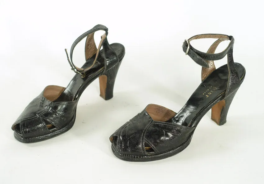 Women's 40s Platform Heels Vintage Black Reptile Peep Toe Ankle Strap VFG Laird Schober